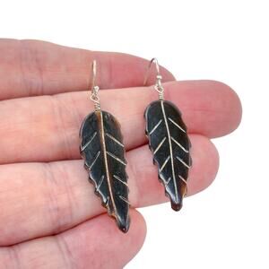 Estate Sterling Silver 925 Carved Coconut Shell Leaf Earrings
